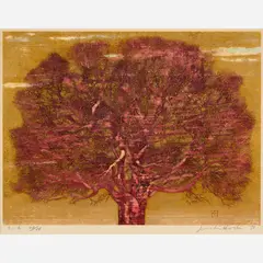 Joichi Hoshi, Red Tree, 1973 Color woodblock and gold leaf with overprinting on paper 16 1/2" x 22, Pencil
