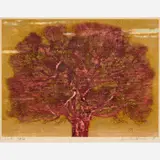 Joichi Hoshi, Red Tree, 1973 Color woodblock and gold leaf with overprinting on paper 16 1/2" x 22, Pencil