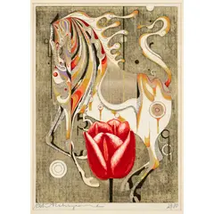 Tadashi Nakayama, Horse and Tulip, 1968 Color woodblock on paper 22 1/2" x 16 1/4, Pencil