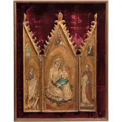 Tríptico, LA VIRGEN CON EL NIÑO, SAN JUAN BAUTISTA Y SAN AGUSTÍN, Óleo sobre tela, montado en madera dorada
