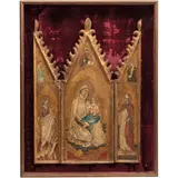 Tríptico, LA VIRGEN CON EL NIÑO, SAN JUAN BAUTISTA Y SAN AGUSTÍN, Óleo sobre tela, montado en madera dorada