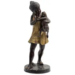 Niña Con Gato*, SIGLO XX, Bronce, patinado en color marrón y dorado