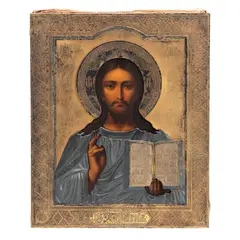 Icono, RUSIA, 1894, Óleo sobre madera; camisa de plata calaminada