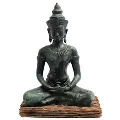 Buda, PRIMERA MITAD DEL SIGLO XX, Bronce, patinado en color verde; con base de madera