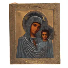 Icono, RUSIA, 1894, Óleo sobre madera; camisa de plata calaminada