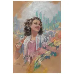 Eduardo Cataño, Mujer en Xochimilco con cerveza Moctezuma, Pastel y collage sobre papel