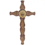 Cruz Procesional, MÉXICO, PRINCIPIOS DEL SIGLO XX, Talla en madera policromada con medallón en bronce del Sagrado corazón