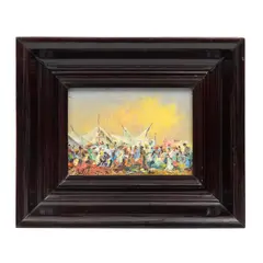 Firmado "j Márquez", Tianguis, Óleo sobre madera