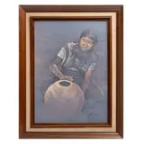 Firmado Blanquet, Alfarera, Mixta, óleo y lápices de colores, sobre tela. Firmado y fechado 1989
