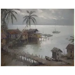 Edgardo Coghlan, Aldea de pescadores, Óleo sobre tela