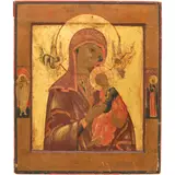 Icono, VIRGEN DE LA PASIÓN CON ÁNGEL DE LA GUARDA Y SANTA MÁRTIR MATRONA DE TESALÓNICA, Óleo y hoja de oro sobre madera