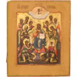 Icono, CRISTO ENTRONIZADO CON SANTOS INTERCESORES, Óleo y hoja de oro sobre madera