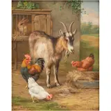 Edgar Hunt, CABRAS Y POLLOS JUNTO A UNA MADRIGUERA, Óleo sobre aglomerado de madera