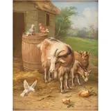 Edgar Hunt, CABRA CON SUS CABRITOS Y PALOMAS FRENTE AL GRANJERO, Óleo sobre aglomerado de madera