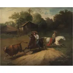 Manuel Serrano, LAZANDO UN TORO, Óleo sobre tela