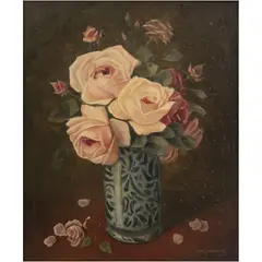 Germán Gedovius, BOUQUET EN FLORERO DE TALAVERA, Óleo sobre MDF montado sobre tabla