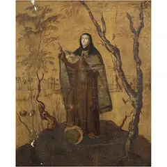 Santa Teresa de Ávila, MÉXICO, SIGLO XX, Óleo sobre concha nácar embutida en madera