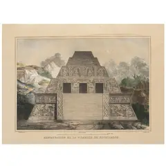Carl Nebel, RESTAURACION DE LA PIRÁMIDE DE XOCHICALCO, Litografía coloreada, 23.8 x 33.8 cm