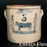 J. C. Waelde, Rare J. C. WAELDE / NORTH BAY 3 Gal. Stoneware Crock with Cow Decoration