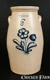 Burger Bros & Co., Rare BURGER BROS & CO. / ROCHESTER Stoneware Churn with Cobalt Floral Decoration, Six-Gallon, circa 1870, Stoneware