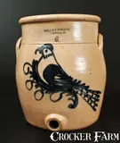 O.L. & Ak Ballard, Unusual 6 Gal. O.L. & AK BALLARD / BURLINGTON, VT Stoneware Water Cooler with Bird Decoration, circa 1860, Stoneware