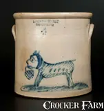 Lamson & Swasey, 4 Gal. LAMSON & SWASEY / PORTLAND,ME Stoneware Crock with Unusual Dog-and-Basket Decoration, circa 1880, Stoneware