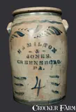 4 Gal. HAMILTON & JONES / GREENSBORO, PA Stoneware Crock with Freehand Decoration by Hamilton & Jones, circa 1875, Stoneware, sold Nov 2013