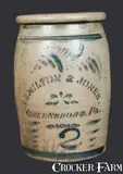 2 Gal. HAMILTON & JONES / GREENSBORO, PA Stoneware Crock with Cobalt Vine Decoration by Hamilton & Jones, circa 1875, Stoneware, sold Nov 2013