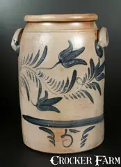 A & W Boughner, Rare 5 Gal. A & W BOUGHNER / GREENSBORO, PA Stoneware Crock with Brushed Tulip Decoration, circa 1860, Stoneware