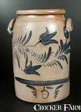 A & W Boughner, Rare 5 Gal. A & W BOUGHNER / GREENSBORO, PA Stoneware Crock with Brushed Tulip Decoration, circa 1860, Stoneware