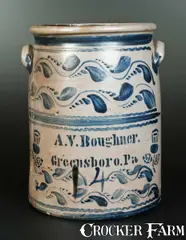 A. V. Boughner, Rare A. V. BOUGHNER / GREENSBORO, PA Stoneware Crock w/ Thisle Decoration, circa 1865, Stoneware