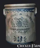 Hamilton & Jones, 3 Gal. HAMILTON & JONES / GREENSBORO, PA Stoneware Crock with Stenciled Patriotic Shield Decoration, circa 1875, Stoneware