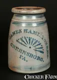 James Hamilton, JAMES HAMILTON / GREENSBORO, PA Stoneware Canning Jar with Stenciled Fan Decoration, circa 1875, Stoneware