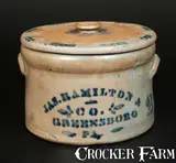 JAS. HAMILTON & CO. / GREENSBORO, PA Stoneware Cake Crock with Baltimore Stoneware Lid by Jas. Hamilton & Co., circa 1875, Stoneware, sold Nov 2013