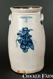 Extremely Rare COWDEN & WILCOX / HARRISBURG, PA Stoneware Churn w/ Bird-in-Grapes Decoration by Cowden & Wilcox, circa 1865, Stoneware, sold Nov 2013
