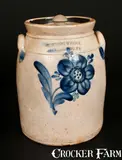 2 Gal. COWDEN & WILCOX / HARRISBURG, PA Lidded Stoneware Jar with Unusual Floral Decoration by Cowden & Wilcox, circa 1865, Stoneware, sold Nov 2013