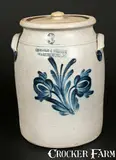 3 Gal. COWDEN & WILCOX / HARRISBURG, PA Stoneware Lidded Jar with Floral Decoration by Cowden & Wilcox, circa 1865, Stoneware, sold Nov 2013
