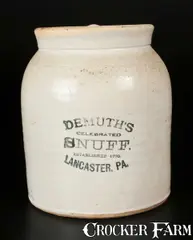 DEMUTH'S CELEBRATED SNUFF / LANCASTER, PA Stoneware Snuff Jar by Demuth's Celebrated Snuff, early 20th century, Stoneware, sold Nov 2013