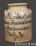 M. Halstead, Scarce Fulper Stoneware Script Advertising Jar: "M. Halstead / House Furnishings / Hackensack, NJ", late 19th century, Stoneware