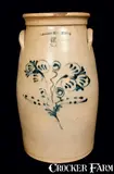 William Roberts, 5 Gal. W. ROBERTS / BINGHAMPTON, NY Stoneware Churn with Slip-Trailed Floral Decoration, circa 1870, Stoneware