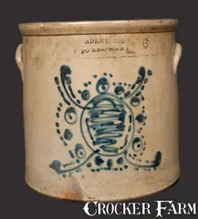 Adam Caire, Rare ADAM CAIRE / PO'KEEPSIE, NY Stoneware Crock with Stylized Turtle Decoration, circa 1880, Stoneware