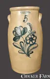 John Burger, 5 Gal. JOHN BURGER / ROCHESTER Stoneware Churn with Elaborate Slip-Trailed Floral Decoration