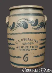 C. L. Williams, 6 Gal. C. L. WILLIAMS / NEW GENEVA, PA Stoneware Crock with Brushed Decoration, circa 1895, Stoneware