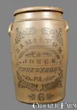 6 Gal. HAMILTON & JONES / GREENSBORO, PA Stoneware Crock w/ Stenciled Decoration by Hamilton & Jones, circa 1875, Stoneware, sold Jul 2013