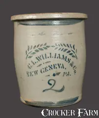 C. L. Williams, 2 Gal. C. L. WILLIAMS / NEW GENEVA, PA Stoneware Cream Jar, circa 1895, Stoneware