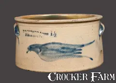 D. P. Hobart, Rare D. P. HOBART / WILLIAMSPORT Stoneware Cake Crock with Bird Decoration, circa 1880, Stoneware