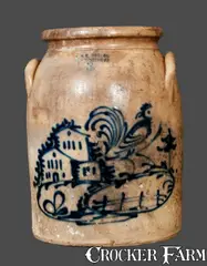 J. & E. Norton, Rare J. & E. NORTON / BENNINGTON, VT Stoneware Crock with Rooster, House and Fence Decoration, circa 1855, Stoneware