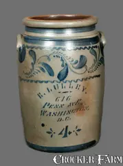 E. Lulley, Rare E. LULLEY / WASHINGTON, DC Stoneware Crock with Elaborate Decoration, circa 1875, Stoneware