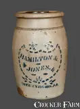 HAMILTON & JONES / GREENSBORO, PA Stoneware Jar with Shield Decoration, One-Gallon by Hamilton & Jones, circa 1875, Stoneware, sold Mar 2013