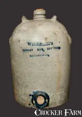 Very Rare 3 Gal. WHEELER'S BERLIN BAR BITTERS / BALTIMORE Stoneware Advertising Jug Cooler by Wheeler's Berlin Bar Bitters, mid 19th century, Stoneware, sold Mar 2013